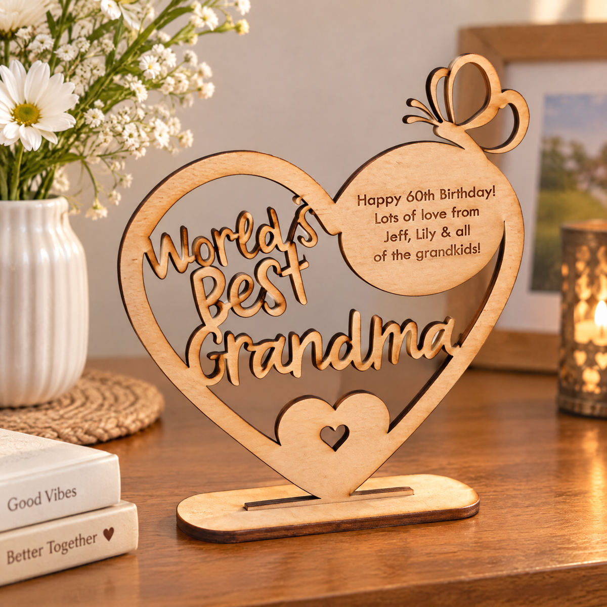 Personalised Wooden Heart Gift For Grandma, Freestanding Message Personalised Heart Gifts ukgiftstoreonline