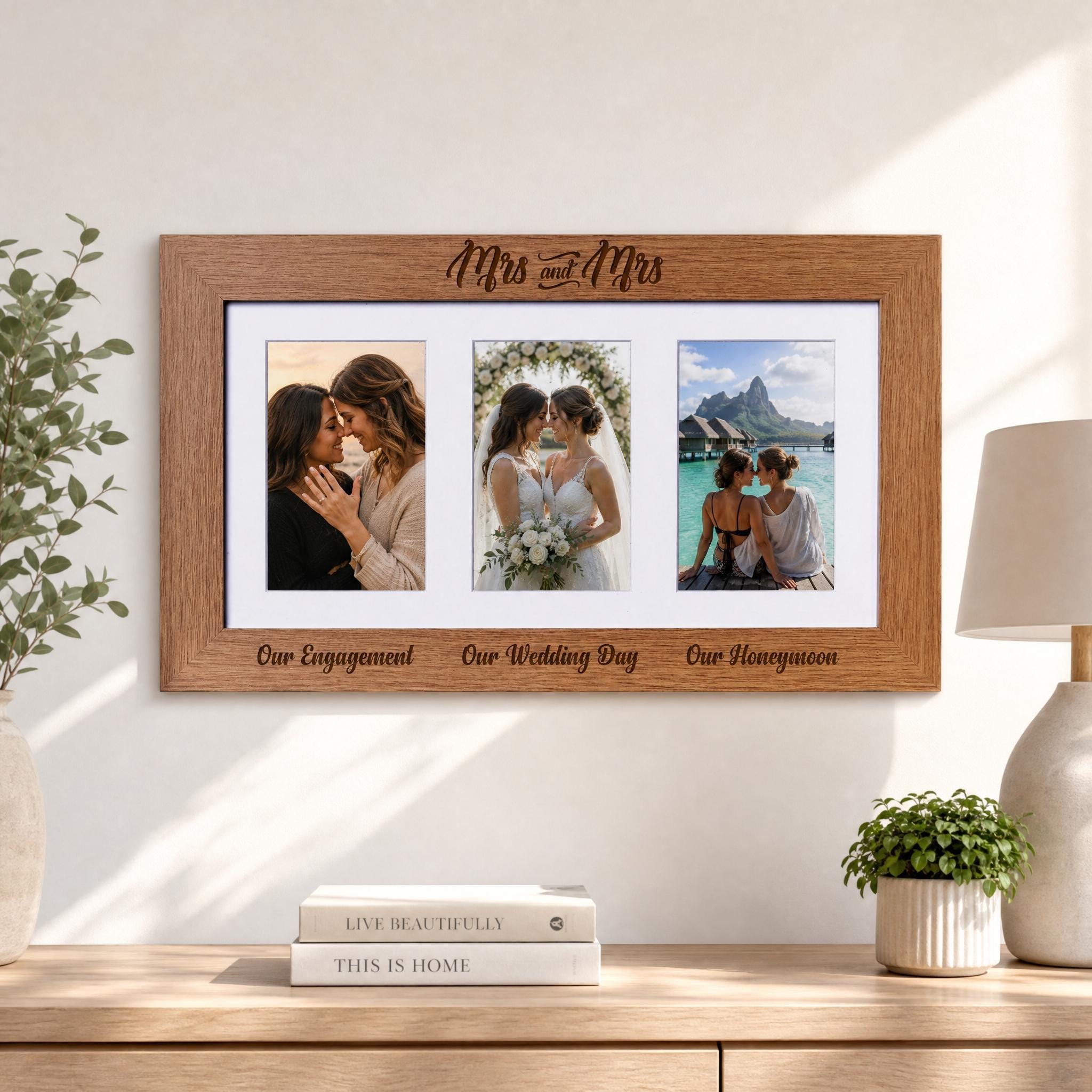 a wooden frame with three photographs of a couple, each depicting a different moment from their wedding day. The frame is placed on a wooden shelf, and there are some books and a potted plant nearby.