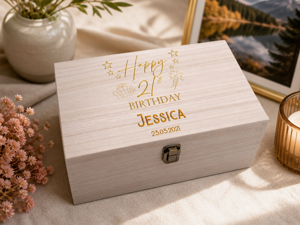 Personalised Birthday Keepsake Box, Wooden Engraved Gift For Any Age Keepsake Wooden Box Raised Words
