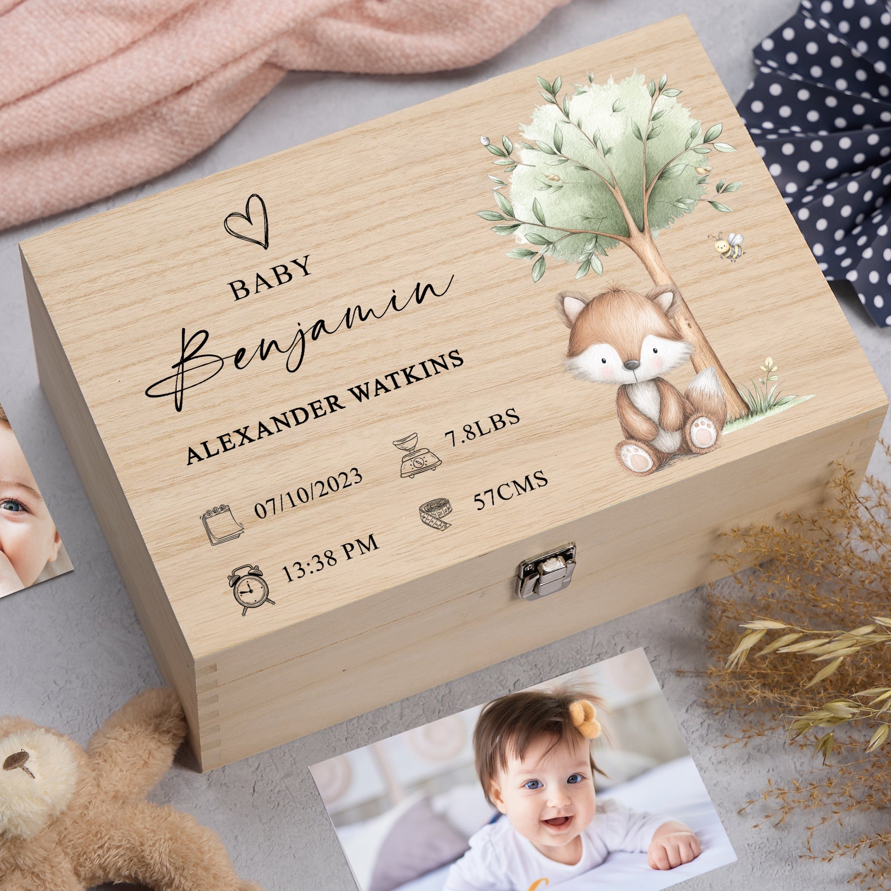 Personalised Wooden Baby Memory Keepsake Box With Furry Cute Boho Animals