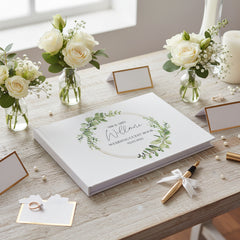 Personalised Green Leaf Wreath Wedding Linen Guest Book Printed Guest Book ukgiftstoreonline