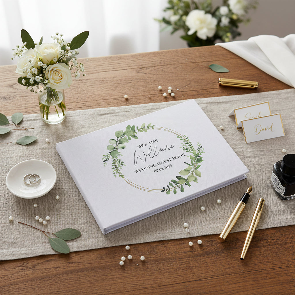 Personalised Green Leaf Wreath Wedding Linen Guest Book Printed Guest Book ukgiftstoreonline
