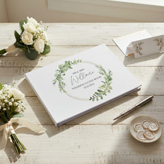 Personalised Green Leaf Wreath Wedding Linen Guest Book Printed Guest Book ukgiftstoreonline