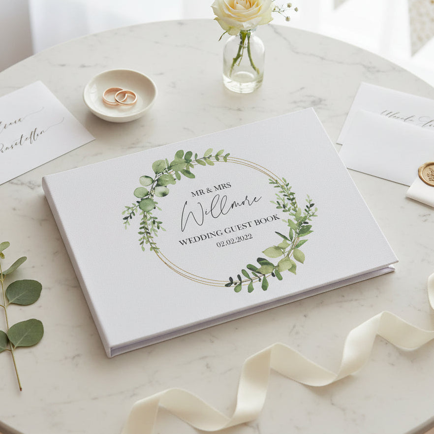 Personalised Green Leaf Wreath Wedding Linen Guest Book Printed Guest Book ukgiftstoreonline