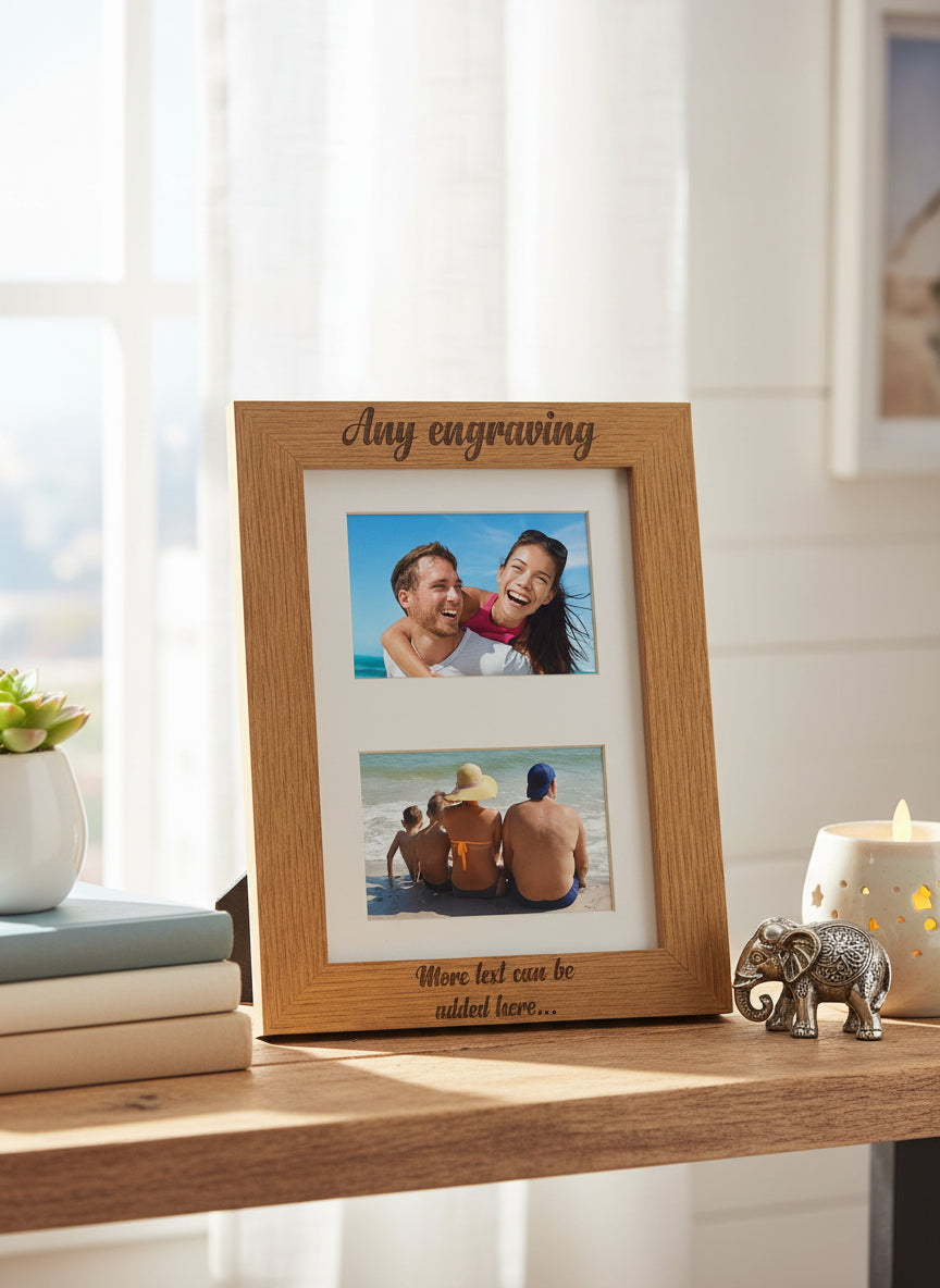 Personalised Engraved Double Wooden Photo Frame Gift Cursive Text personalised photo frames ukgiftstoreonline