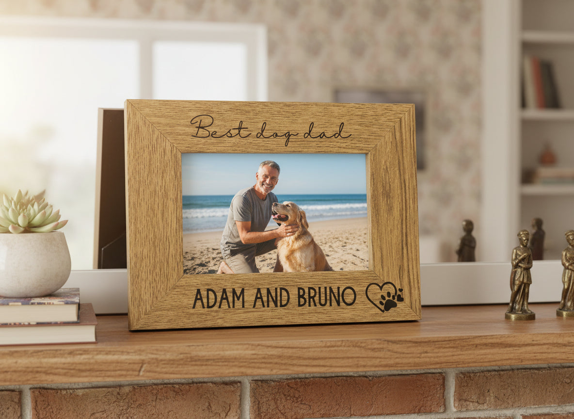 Personalised Best Dog Dad Photo Frame Gift Engraved Oak Wood Finish Pet Photo Frame ukgiftstoreonline 4 x 6 Inch