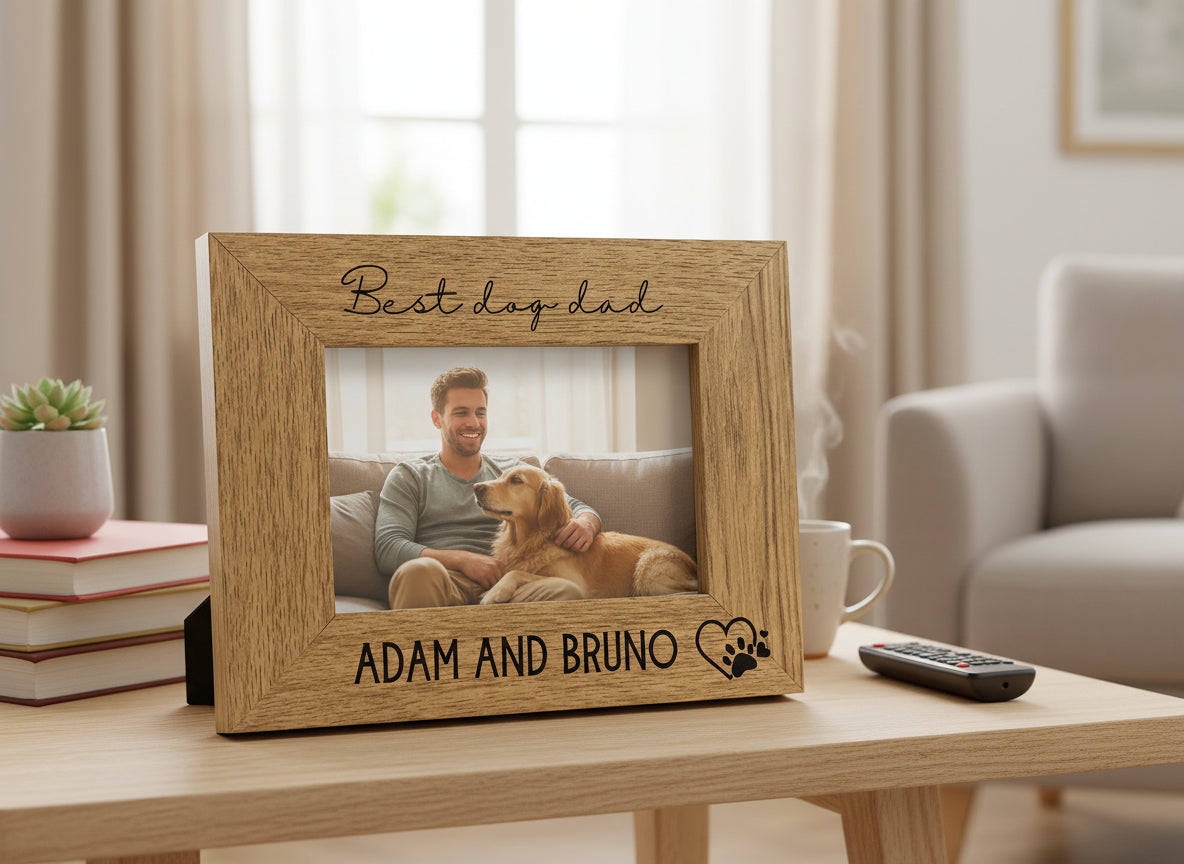 Personalised Best Dog Dad Photo Frame Gift Engraved Oak Wood Finish Pet Photo Frame ukgiftstoreonline