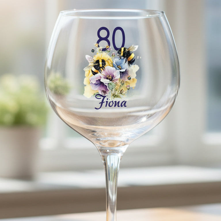 Personalised Any Age Birthday Cocktail Gin Glass Gift with Bees 18th 21st 30th 40th 50th 60th 70th 80th Personalised Gin Glasses ukgiftstoreonline