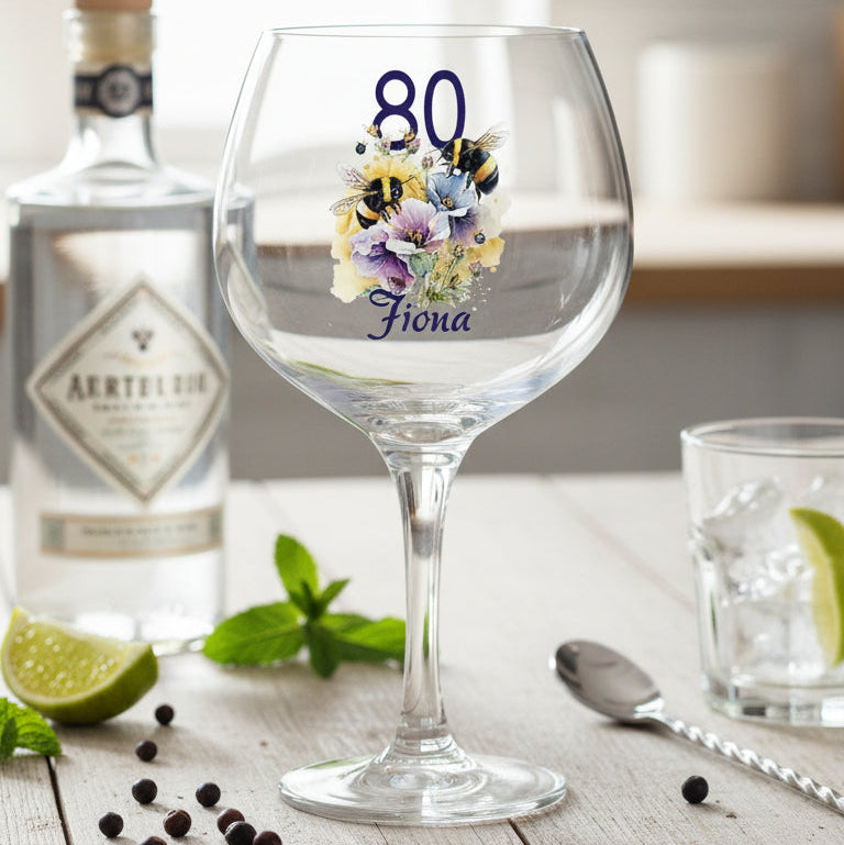 Personalised Any Age Birthday Cocktail Gin Glass Gift with Bees 18th 21st 30th 40th 50th 60th 70th 80th Personalised Gin Glasses ukgiftstoreonline
