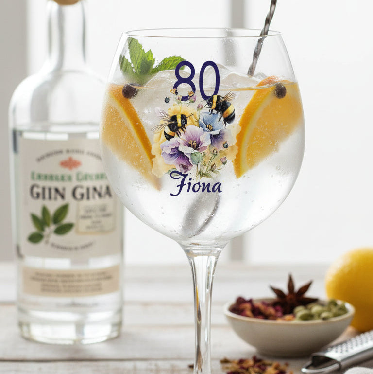 Personalised Any Age Birthday Cocktail Gin Glass Gift with Bees 18th 21st 30th 40th 50th 60th 70th 80th Personalised Gin Glasses ukgiftstoreonline