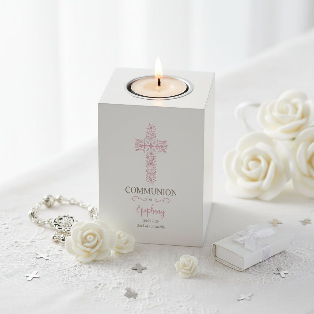 Personalised First Holy Communion Gift Cross Design Tea Light Holder Tea Light Holder ukgiftstoreonline