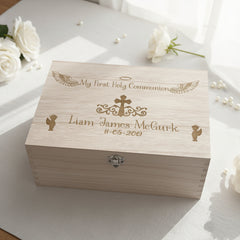 Communion Gift Boy's Personalised Large wooden Keepsake Box Gift Keepsake Memory Box Raised Words