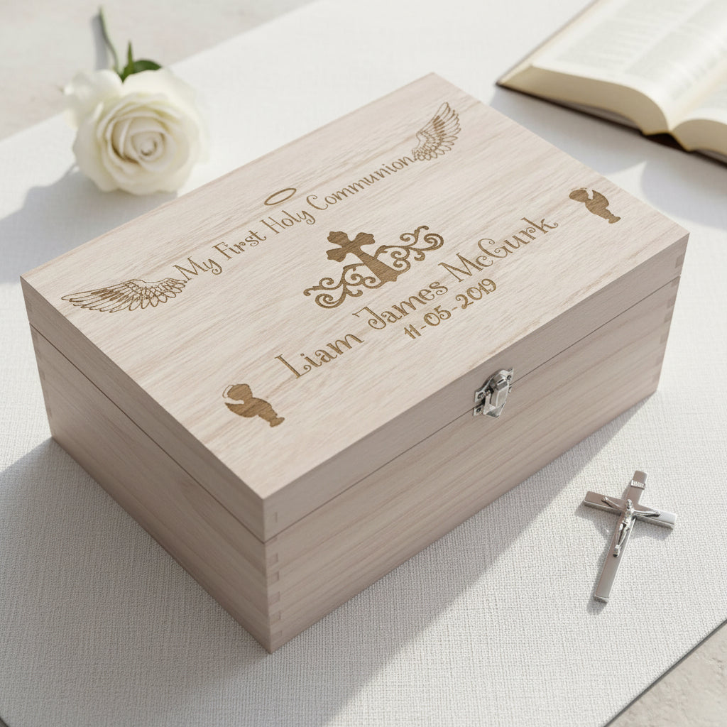 Communion Gift Boy's Personalised Large wooden Keepsake Box Gift Keepsake Memory Box Raised Words