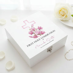 Personalised First Holy Communion Wooden Keepsake Memory Box Pink Cross ukgiftstoreonline