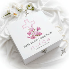 Personalised First Holy Communion Wooden Keepsake Memory Box Pink Cross ukgiftstoreonline