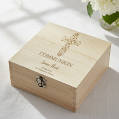 Personalised Communion Wooden Engraved Keepsake Box With Floral Cross Design ukgiftstoreonline