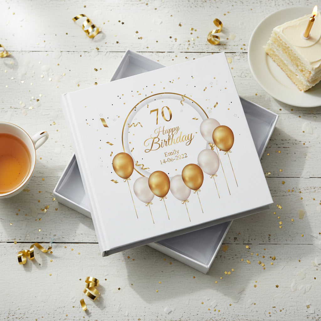 Personalised 70th Birthday Photo Album Gift With Gold Balloons Birthday Photo Album ukgiftstoreonline