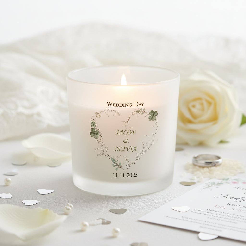 Personalised Large Double Wick Wedding Candle Gift With Green Clover Heart personalised Candle Lights ukgiftstoreonline