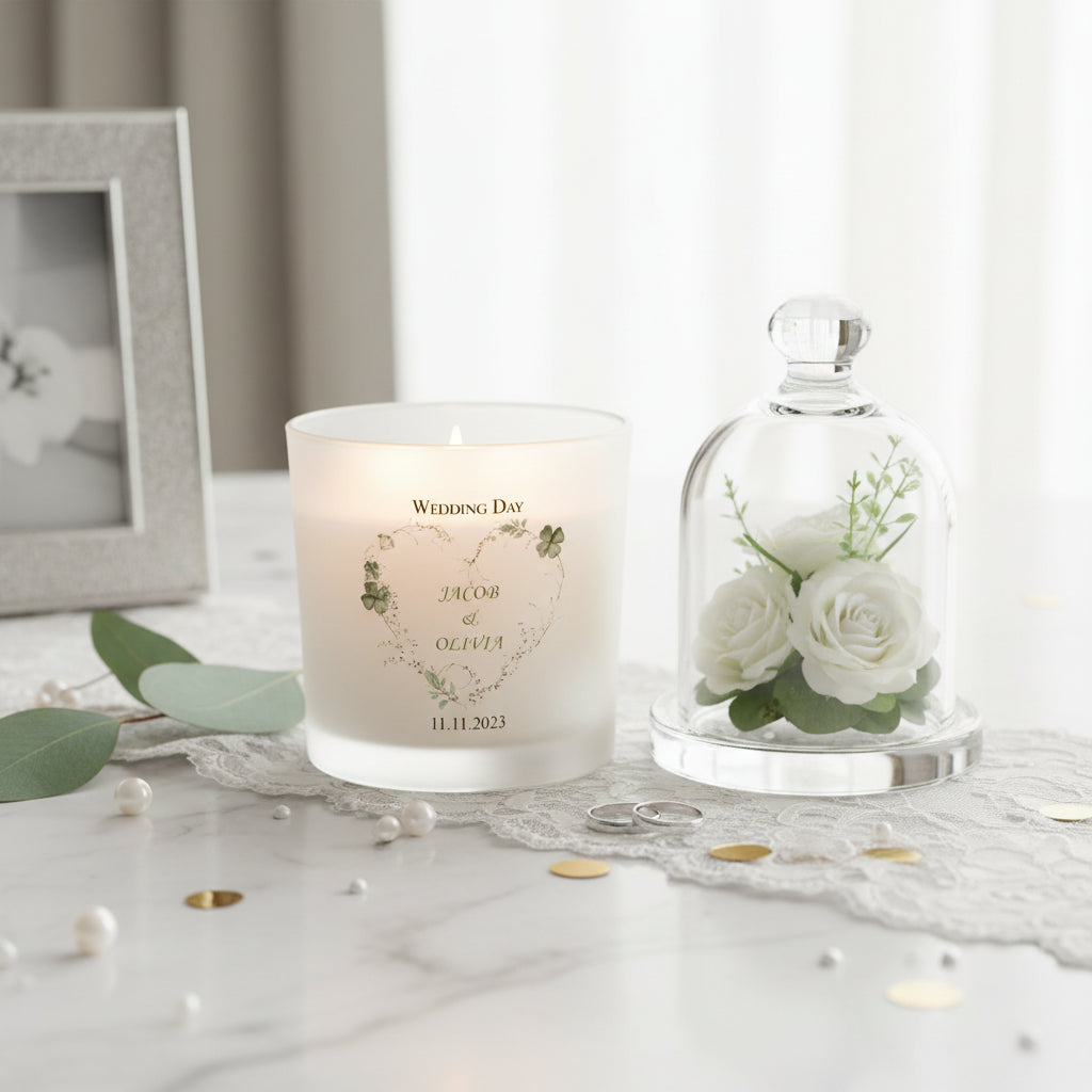 Personalised Large Double Wick Wedding Candle Gift With Green Clover Heart personalised Candle Lights ukgiftstoreonline