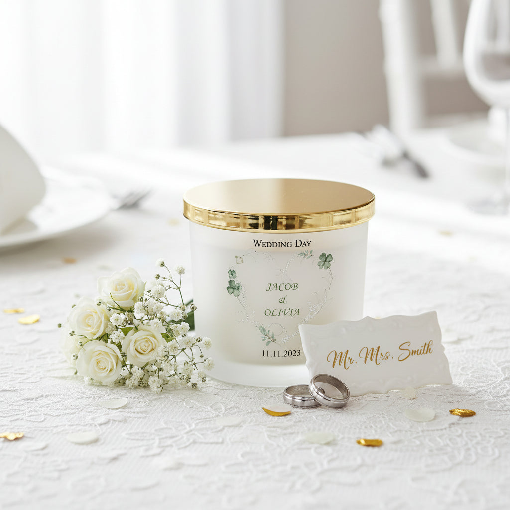 Personalised Large Double Wick Wedding Candle Gift With Green Clover Heart personalised Candle Lights ukgiftstoreonline