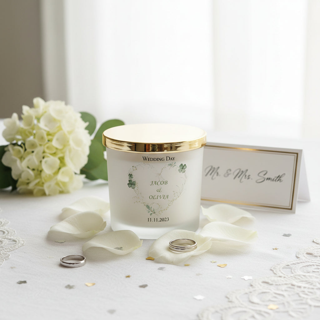 Personalised Large Double Wick Wedding Candle Gift With Green Clover Heart personalised Candle Lights ukgiftstoreonline