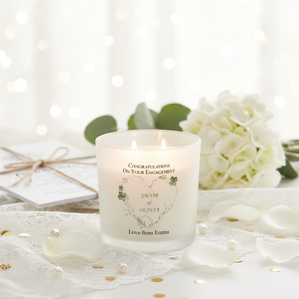 Personalised Large Double Wick Engagement Candle Gift With Green Clover Heart Wreath personalised Candle Lights ukgiftstoreonline