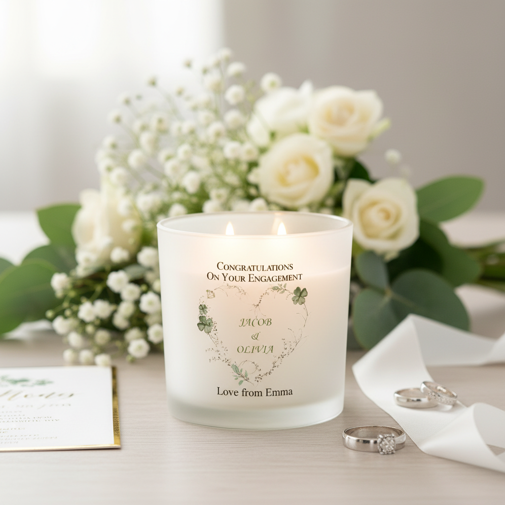 Personalised Large Double Wick Engagement Candle Gift With Green Clover Heart Wreath personalised Candle Lights ukgiftstoreonline