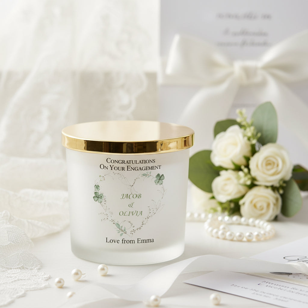 Personalised Large Double Wick Engagement Candle Gift With Green Clover Heart Wreath personalised Candle Lights ukgiftstoreonline
