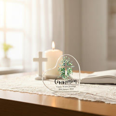 Personalised First Holy Communion Gift Heart With Green Leaf Cross In Gift Box ukgiftstoreonline