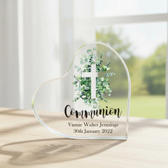 Personalised First Holy Communion Gift Heart With Green Leaf Cross In Gift Box ukgiftstoreonline