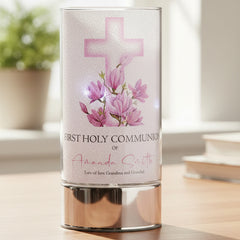 Personalised Holy Communion Night Light Gift With Floral Pink Cross ukgiftstoreonline