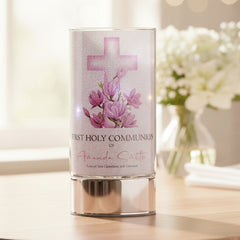 Personalised Holy Communion Night Light Gift With Floral Pink Cross ukgiftstoreonline