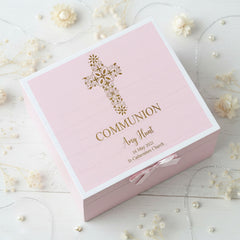 Personalised Communion Pink Engraved Wooden Keepsake Box With Floral Cross Design ukgiftstoreonline
