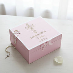 Personalised Communion Pink Engraved Wooden Keepsake Box With Floral Cross Design ukgiftstoreonline
