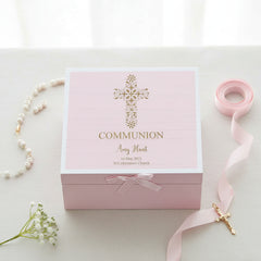 Personalised Communion Pink Engraved Wooden Keepsake Box With Floral Cross Design ukgiftstoreonline