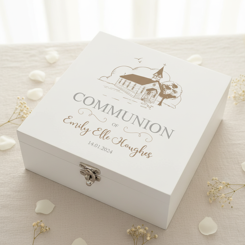 Personalised Communion Wooden Box Memories Keepsake Gift With Church ukgiftstoreonline