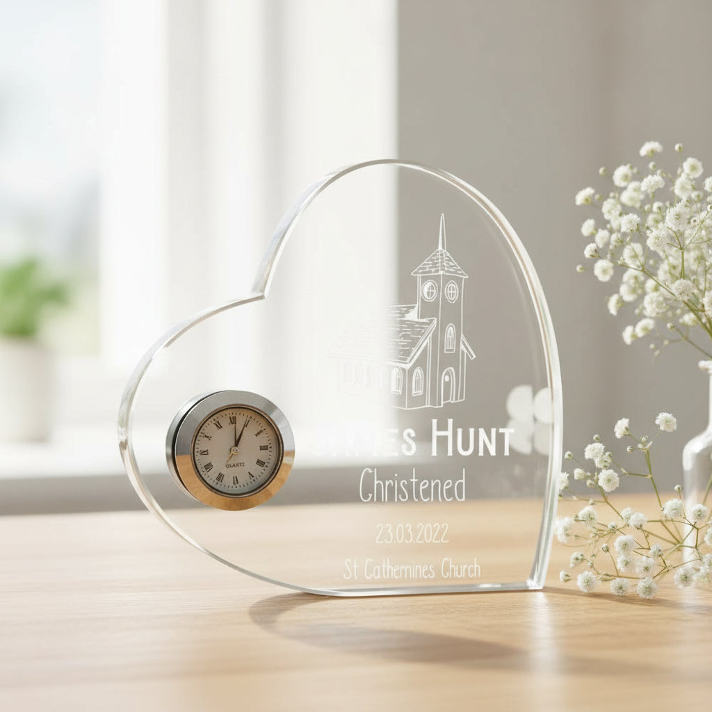 Engraved Heart Crystal Clock Christening Keepsake Gift Personalised Clocks ukgiftstoreonline