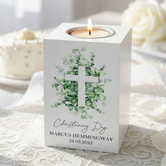 Personalised Christening Tea Light Holder Gift With Cross Tea Light Holder ukgiftstoreonline
