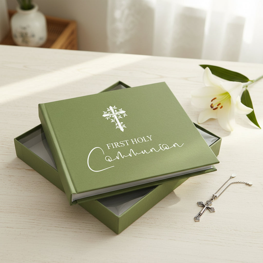 Holy Communion Gift Photo Album With Cross For 50 x 6 by 4 Photos In Green Pink or Black photo album ukgiftstoreonline Olive Green