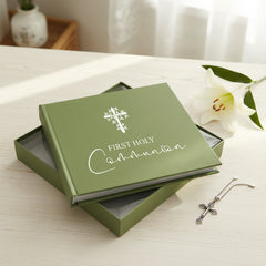 Holy Communion Gift Photo Album With Cross For 50 x 6 by 4 Photos In Green Pink or Black photo album ukgiftstoreonline Olive Green