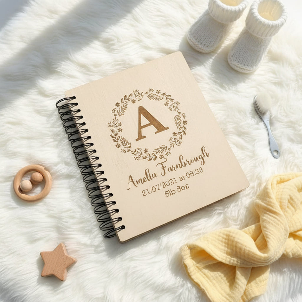 Personalised New Baby Engraved Wooden Photo Album Gift Wreath and Alphabet Design Baby Photo Album ukgiftstoreonline