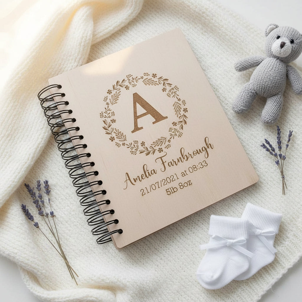 Personalised New Baby Engraved Wooden Photo Album Gift Wreath and Alphabet Design Baby Photo Album ukgiftstoreonline