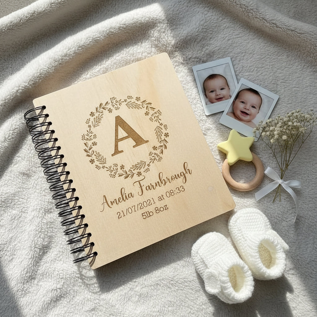 Personalised New Baby Engraved Wooden Photo Album Gift Wreath and Alphabet Design Baby Photo Album ukgiftstoreonline
