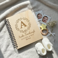 Personalised New Baby Engraved Wooden Photo Album Gift Wreath and Alphabet Design Baby Photo Album ukgiftstoreonline