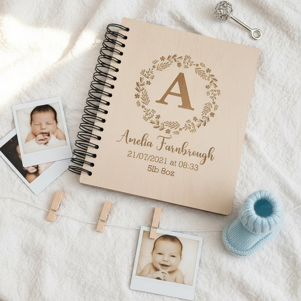 Personalised New Baby Engraved Wooden Photo Album Gift Wreath and Alphabet Design Baby Photo Album ukgiftstoreonline