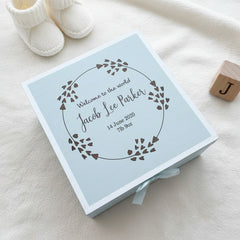 Personalised Baby Boy Blue Wooden Memories Keepsake Box Heart Wreath Keepsake Memory Box Baby Keepsakes