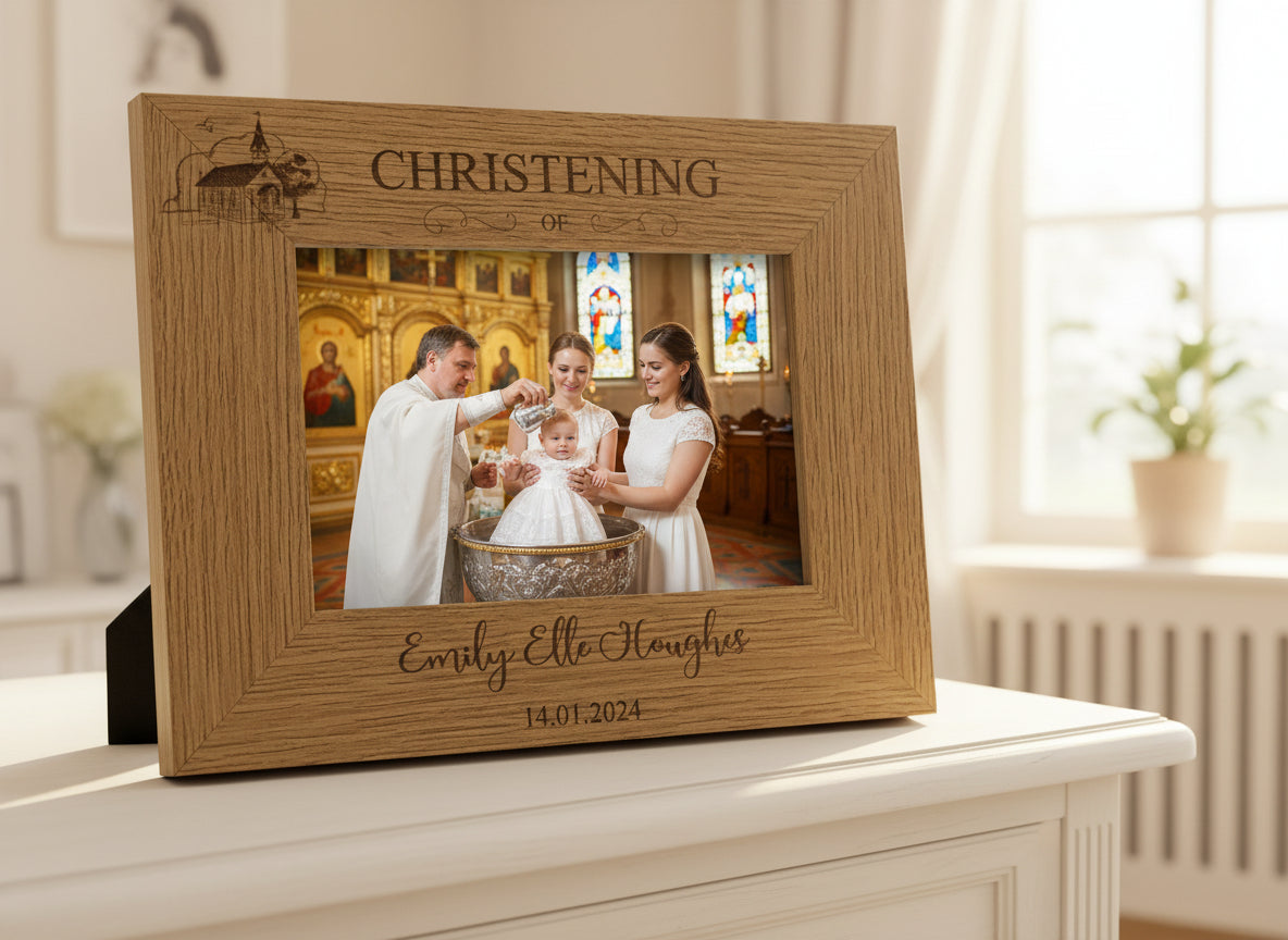 Personalised Engraved Wooden Christening Photo Picture Frame Landscape With Church Sketch Photo Frame ukgiftstoreonline
