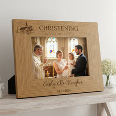 Personalised Engraved Wooden Christening Photo Picture Frame Landscape With Church Sketch Photo Frame ukgiftstoreonline