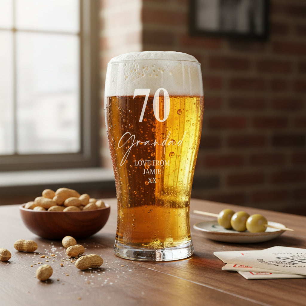 Engraved Personalised 70th Birthday Signature Pint Beer Glass Gift Boxed personalised beer glasses ukgiftstoreonline