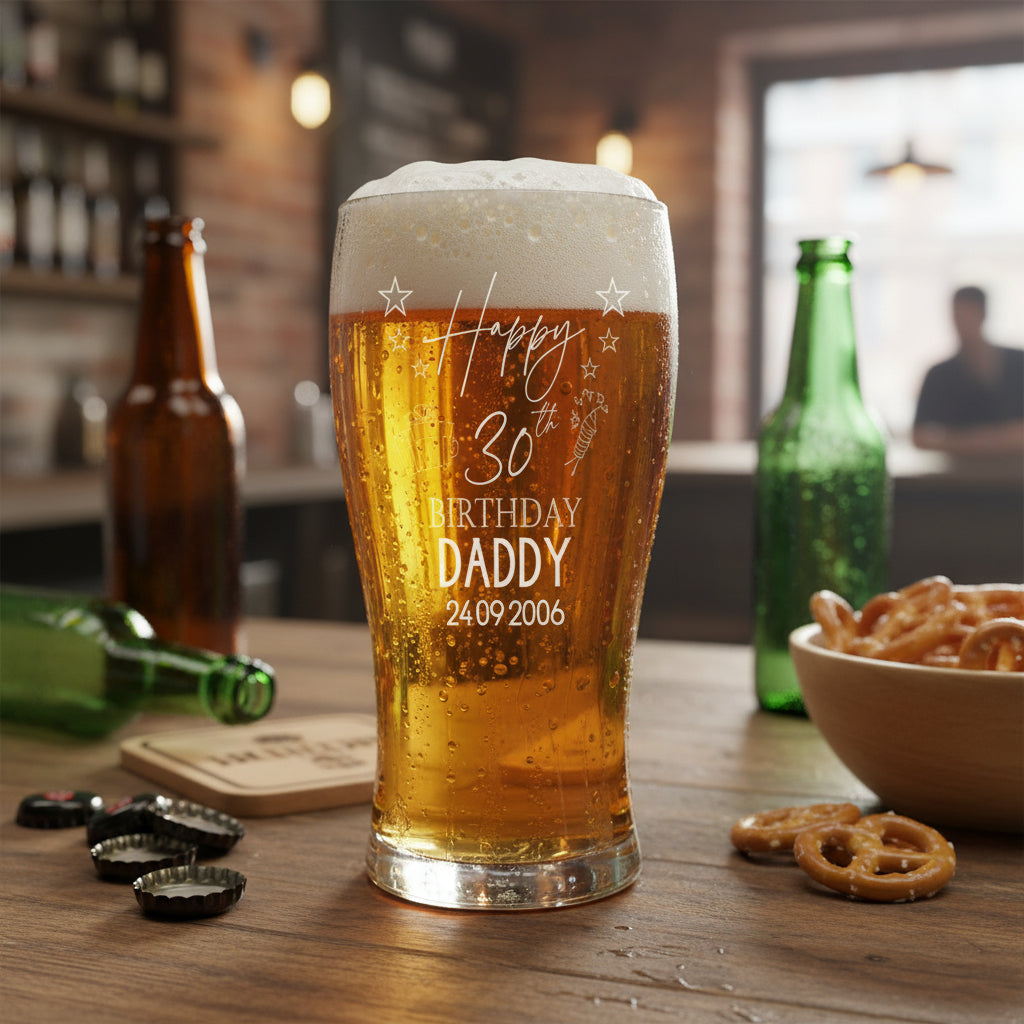 30th Birthday Personalised Beer Glasses Gift for Him with Star Design personalised beer glasses ukgiftstoreonline